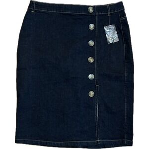 Liquid X Womens Dark Wash Denim Pencil Skirt Button Front Slit XL Dark Blue Midi